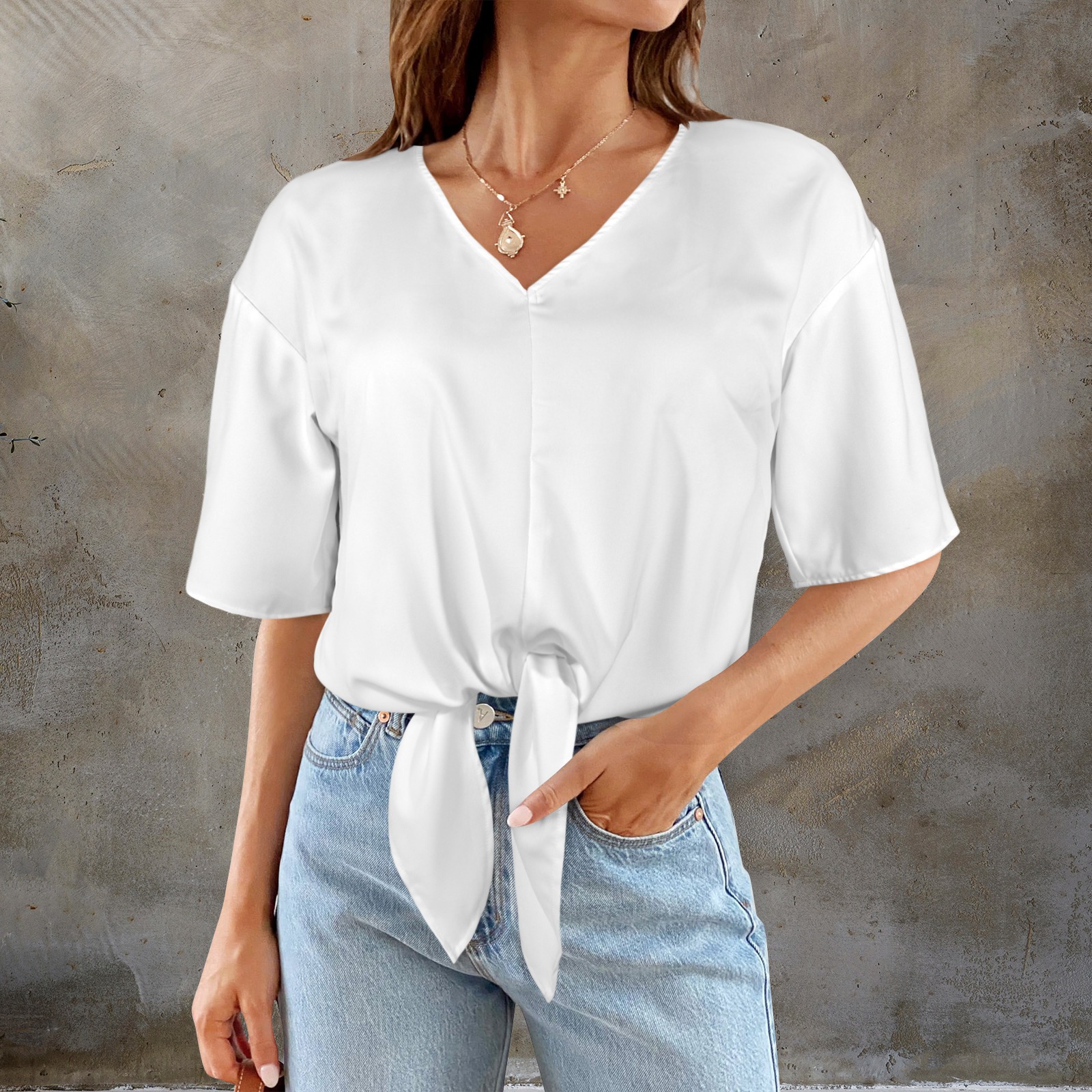 Solid V Neck Satin High Low Hem Blouse
