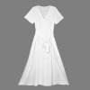 Custom Personalized Women's Short Sleeve V Neck Tie Waist Maxi Dress