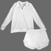 Custom Individualized Women's Long Sleeve Button Collar Sweatshirt & Elastic Waist Pocket Shorts Set