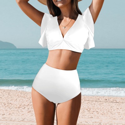 All-Over Print Women's Ruffle Sleeve High-Waisted Bikini Set