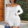 Custom Personalized Women's Off Shoulder Pleated Long Sleeve Short Romper