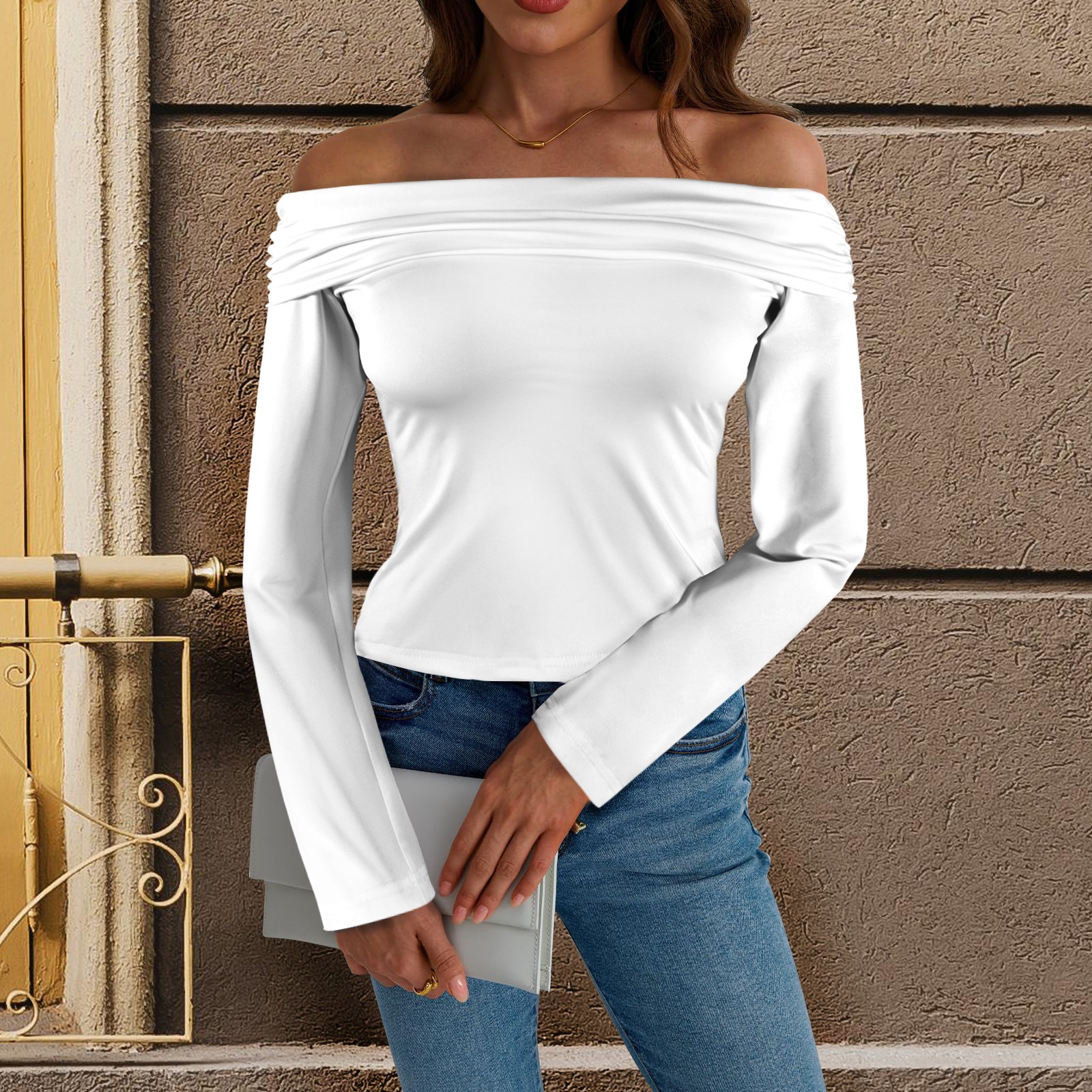 Off-Shoulder Long Sleeve T-Shirt