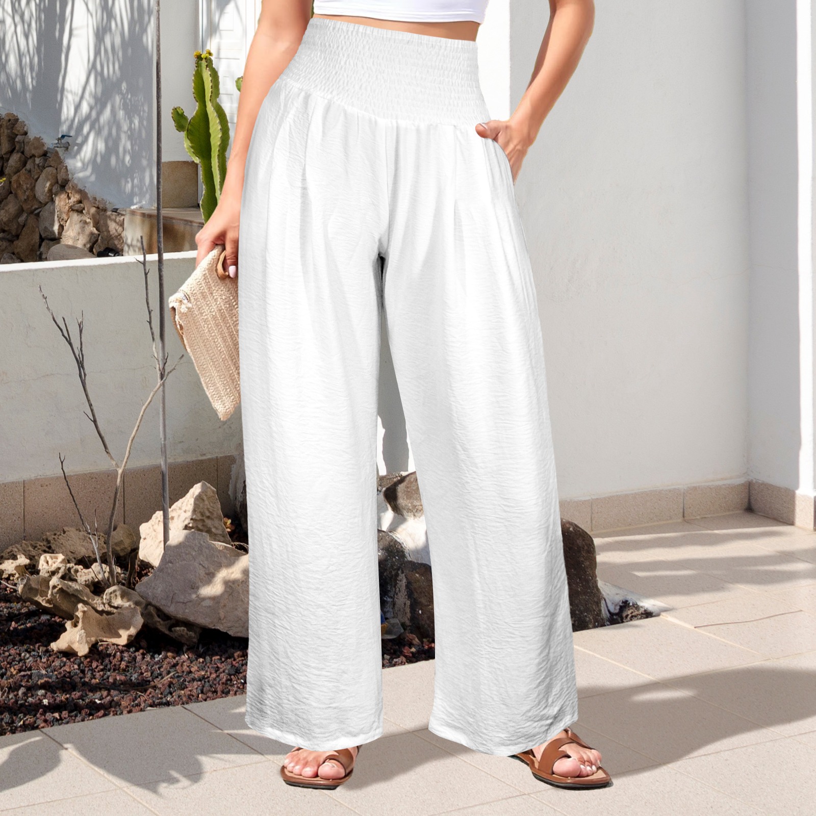 Patterned Elastic waist wide leg pants 41345 main image 1