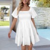Custom Individualized Women's Square Neck Puff Sleeve Tiered A Line Dress