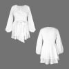 Custom Personalized Women's Long Sleeve V Neck Waist Tie Layered Ruffle Hem Short Romper