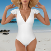Custom Women's Deep V Neck Ruffle Sleeve High Cut One Piece Swimsuit