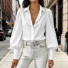 Custom Women Lapel Puff Sleeve Button Casual Blouse Shirt