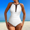 Custom Print Women's One-Piece Swimsuit High Neck Mesh Panel Monokini Beachwear